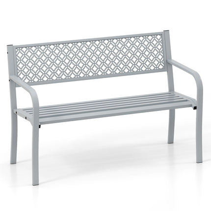 50 Inches Outdoor Garden Bench with Geometric Lattice Backrest and Slatted Seat-Gray