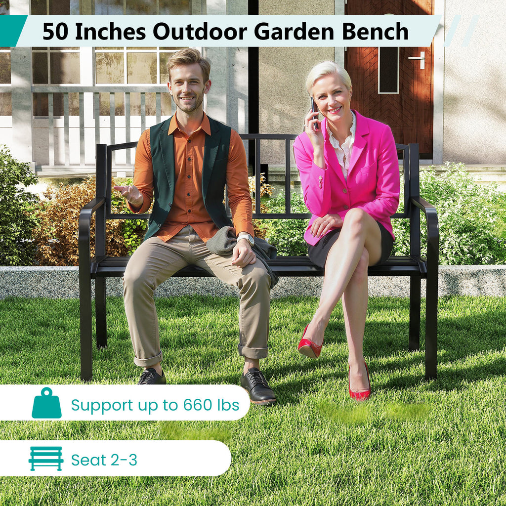 50 Inches Outdoor Garden Bench with Slatted Backrest and Curved Armrests-Black