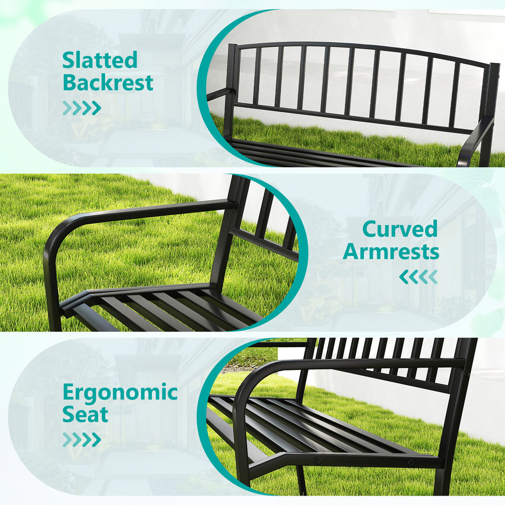 50 Inches Outdoor Garden Bench with Slatted Backrest and Curved Armrests-Black