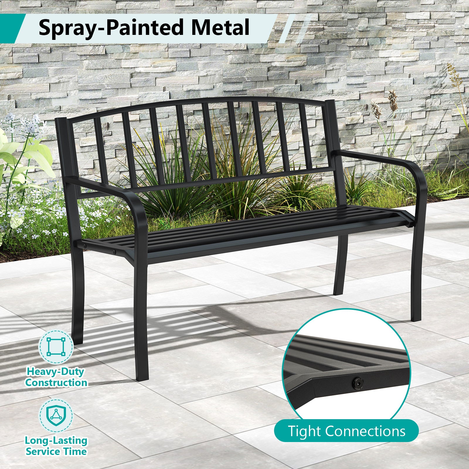 50 Inches Outdoor Garden Bench with Slatted Backrest and Curved Armrests-Black