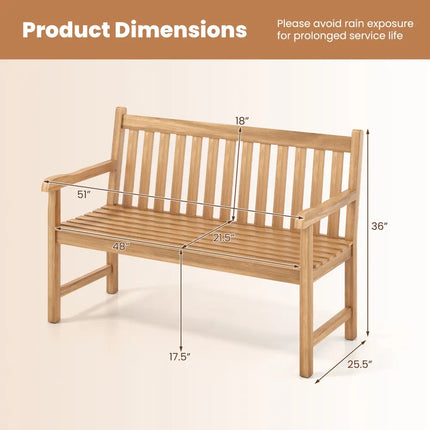 51/62inch Teak Outdoor Porch Bench 3-Seat Solid Wood Garden Patio Bench with Armrests-51 inch - Outdoor Benches