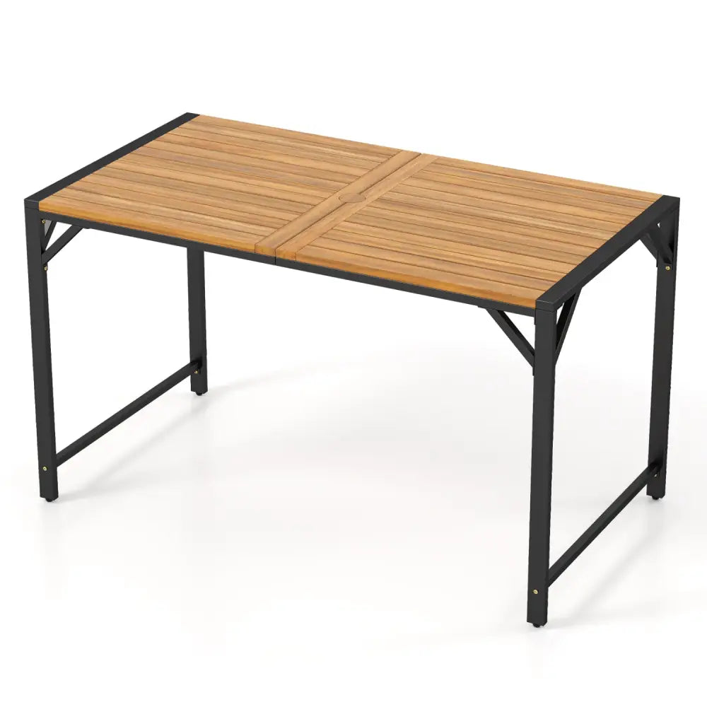 51’’ Acacia Wood Dining Table with Umbrella Hole & Metal Support for Garden - Patio Dining Sets