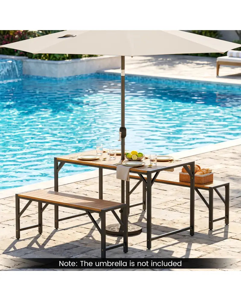 51’’ Acacia Wood Dining Table with Umbrella Hole & Metal Support for Garden - Patio Dining Sets