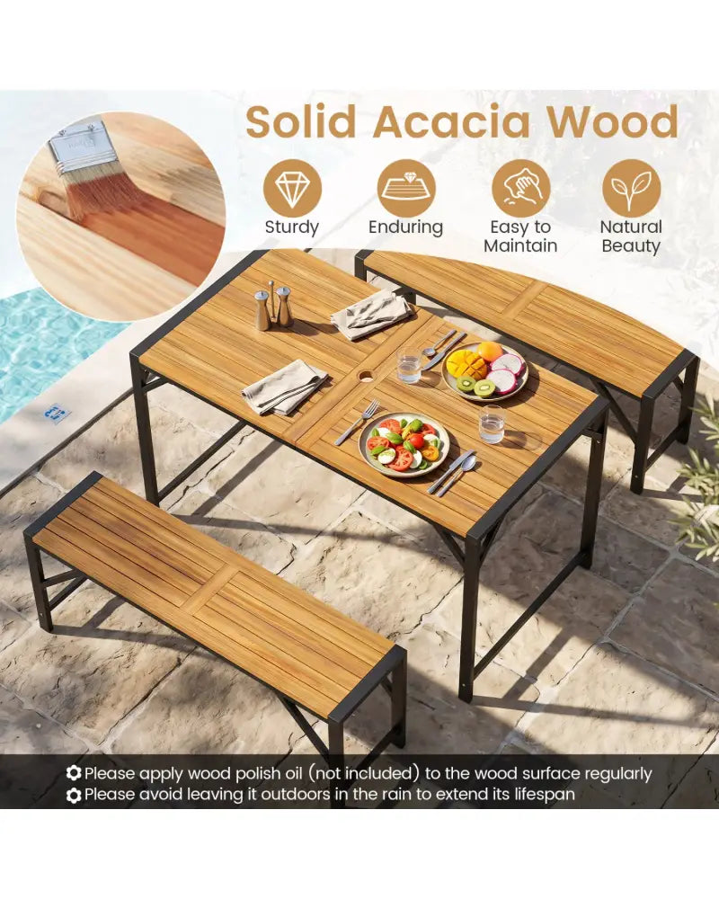 51’’ Acacia Wood Dining Table with Umbrella Hole & Metal Support for Garden - Patio Dining Sets
