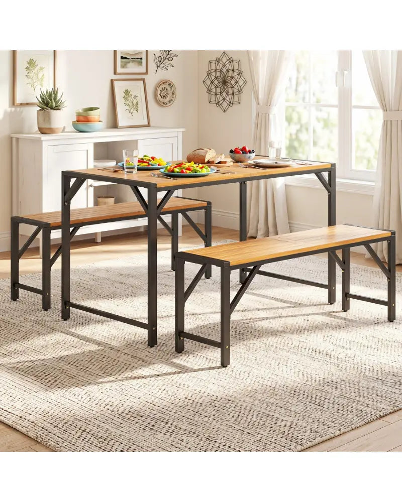 51’’ Acacia Wood Dining Table with Umbrella Hole & Metal Support for Garden - Patio Dining Sets