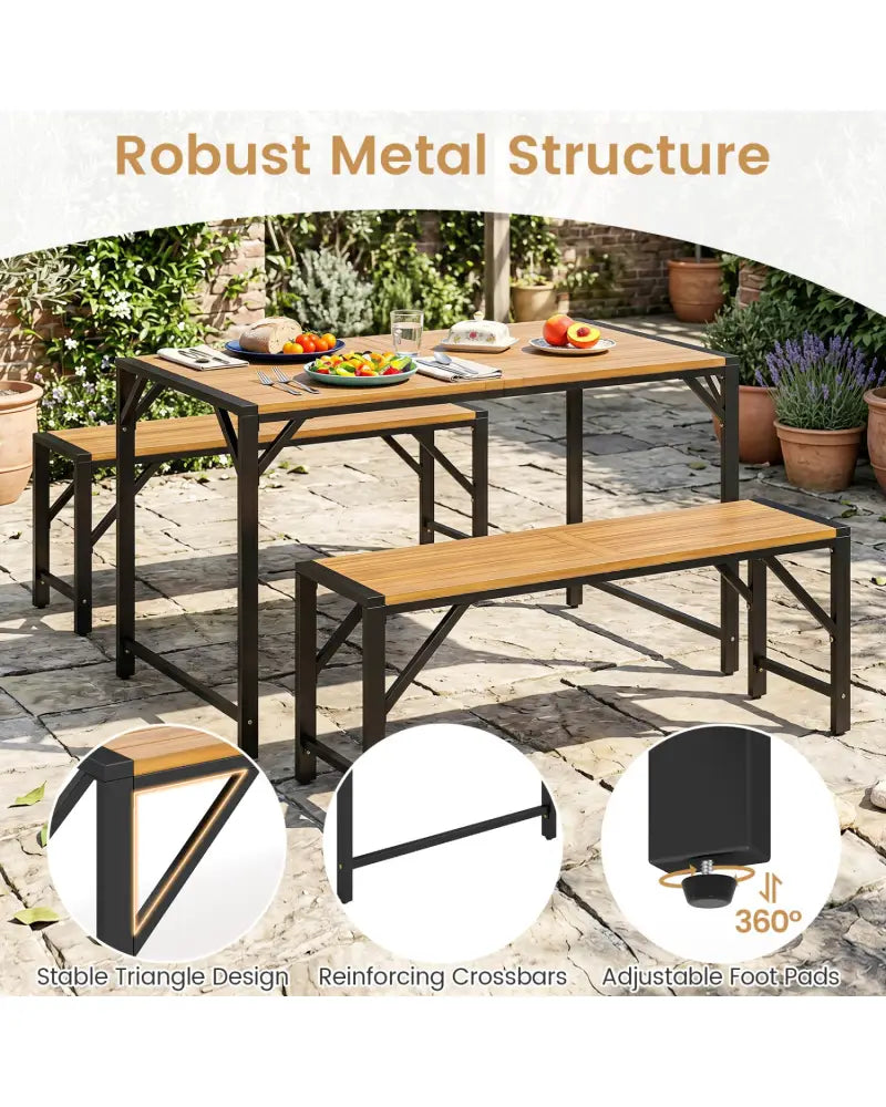 51’’ Acacia Wood Dining Table with Umbrella Hole & Metal Support for Garden - Patio Dining Sets