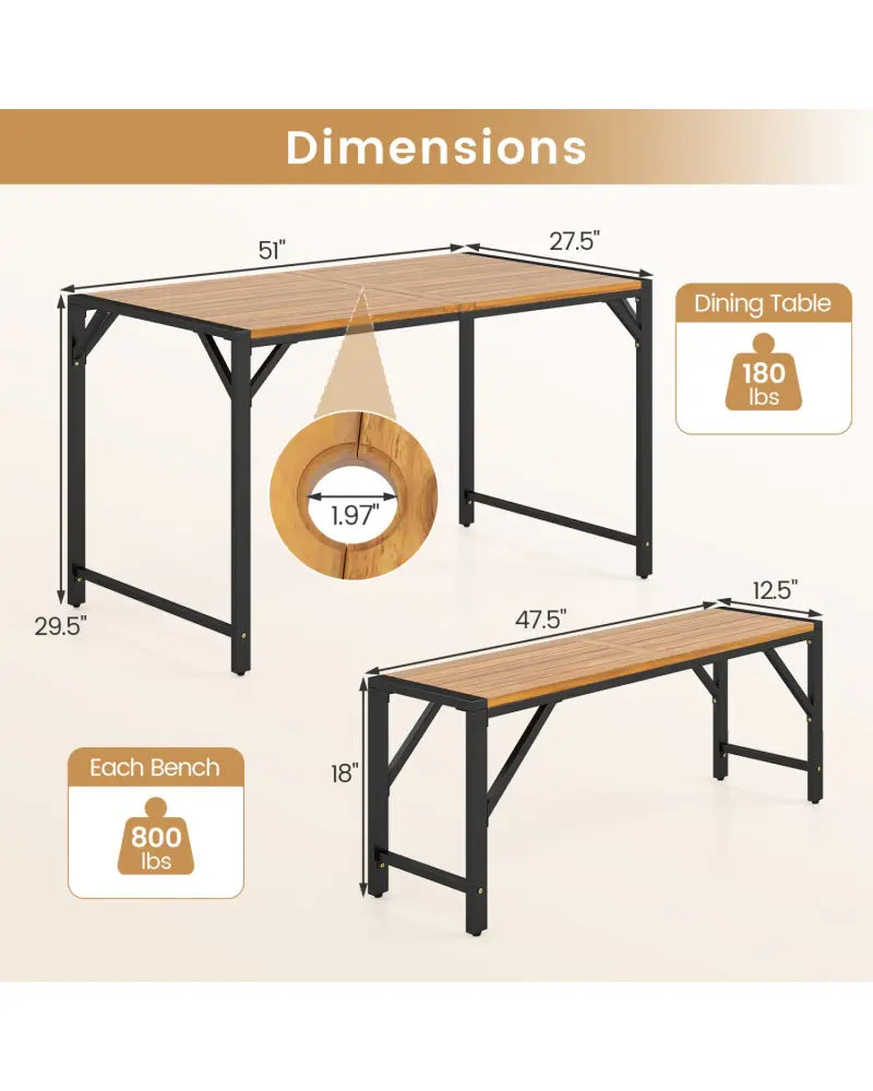 51’’ Acacia Wood Dining Table with Umbrella Hole & Metal Support for Garden - Patio Dining Sets