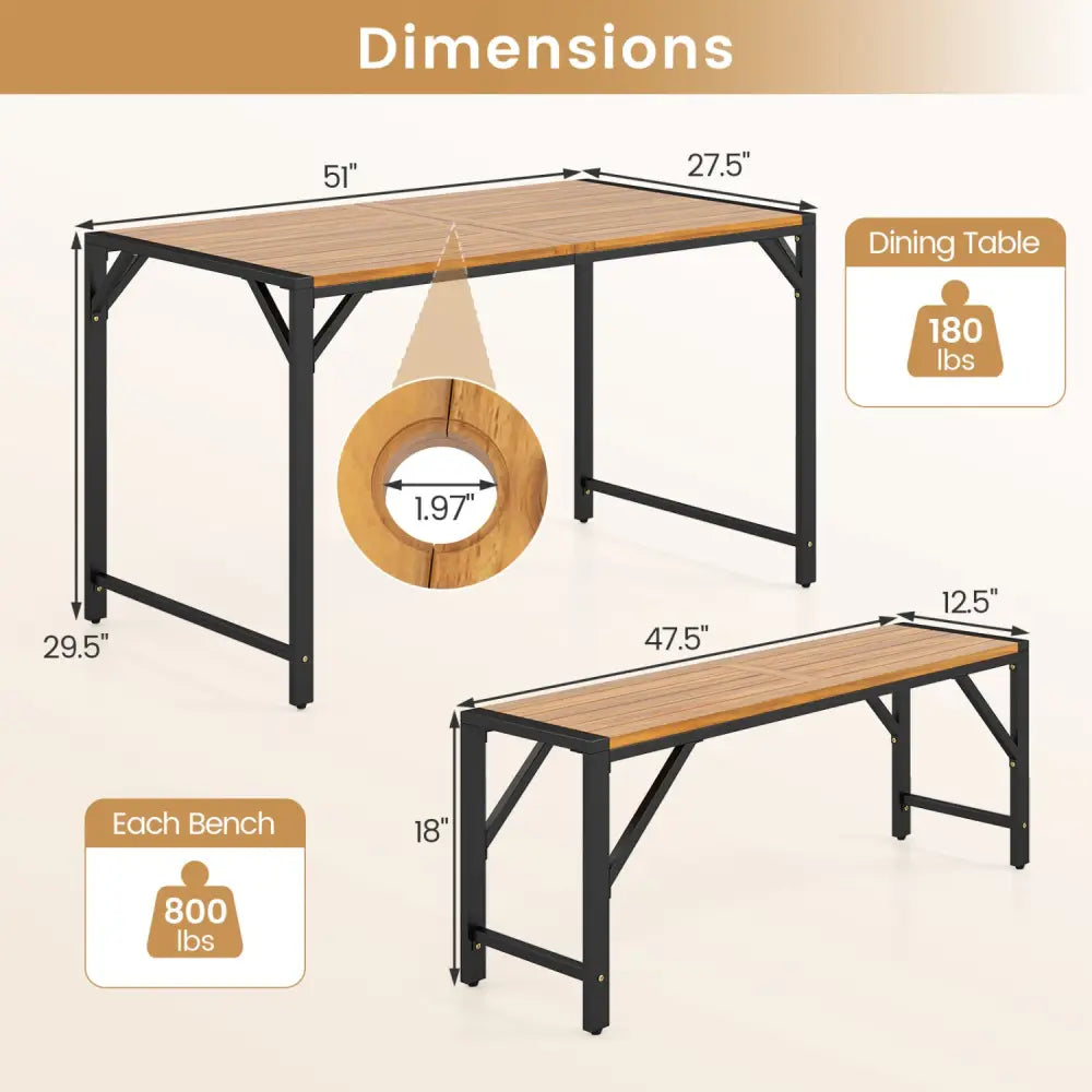 51’’ Acacia Wood Dining Table with Umbrella Hole & Metal Support for Garden - Patio Dining Sets