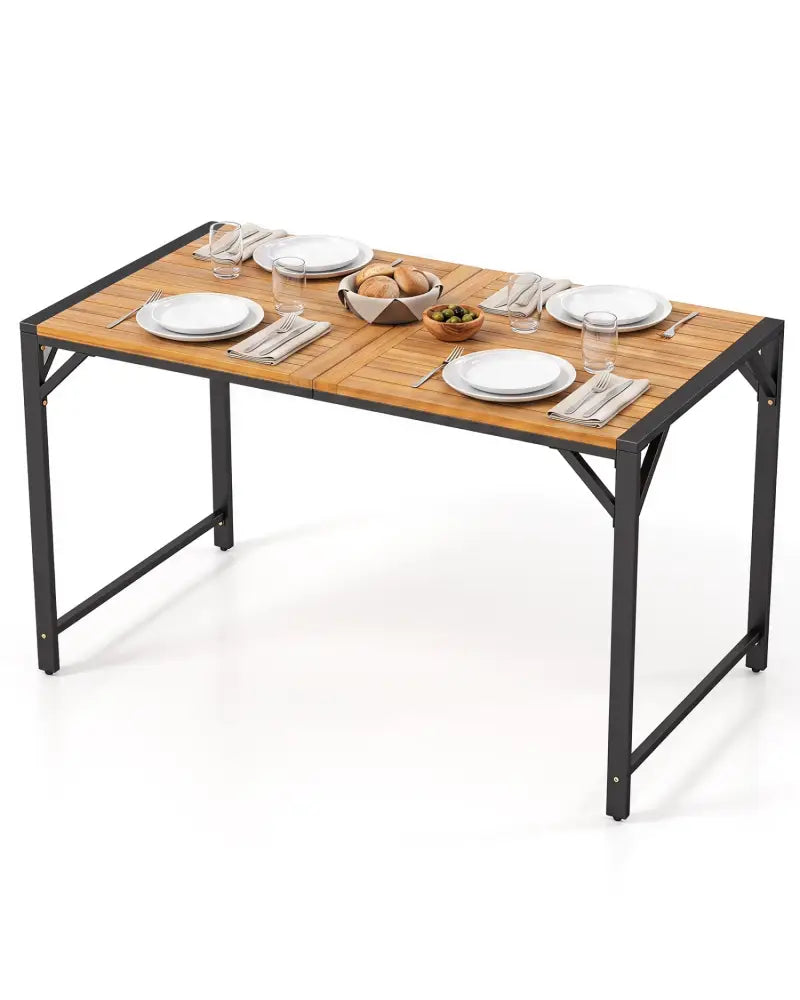 51’’ Acacia Wood Dining Table with Umbrella Hole & Metal Support for Garden - Patio Dining Sets