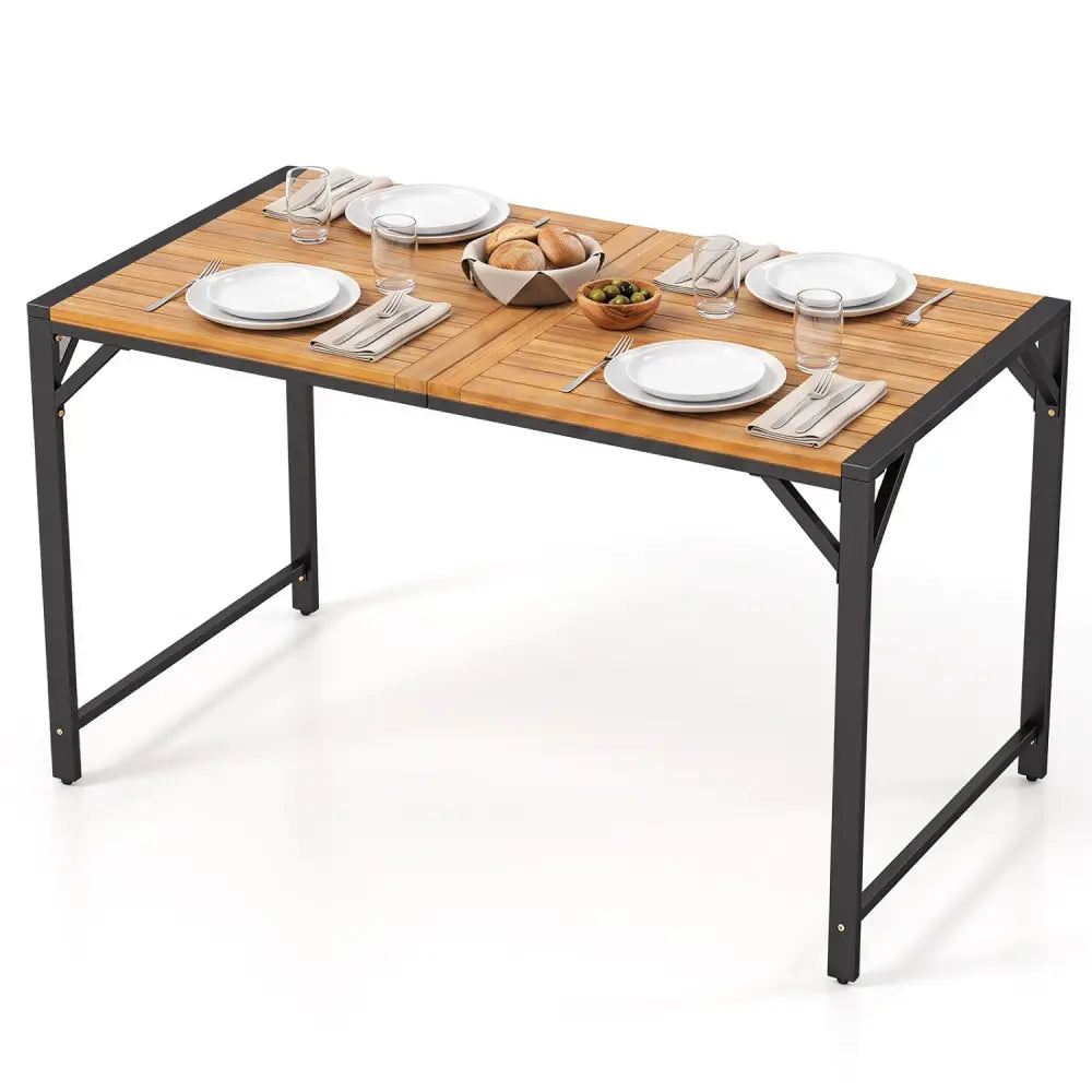 51’’ Acacia Wood Dining Table with Umbrella Hole & Metal Support for Garden - Patio Dining Sets