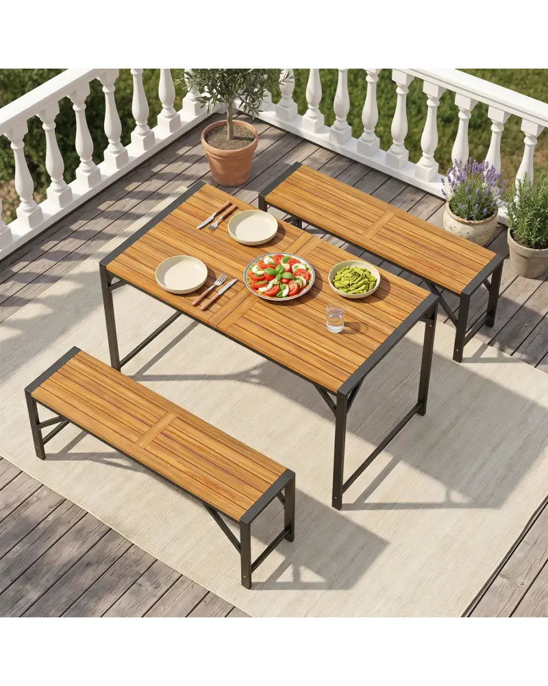 51’’ Acacia Wood Dining Table with Umbrella Hole & Metal Support for Garden - Patio Dining Sets