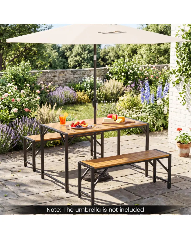 51’’ Acacia Wood Dining Table with Umbrella Hole & Metal Support for Garden - Patio Dining Sets