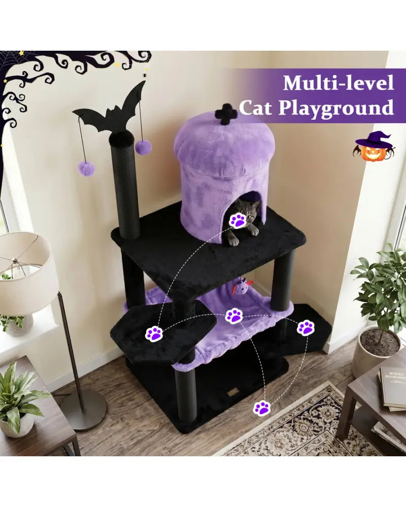 51€ Gothic Multi-level Cat Tree with Spider Hanging Toy for Black Halloween-Purple - Purple - Cat Trees Condos &