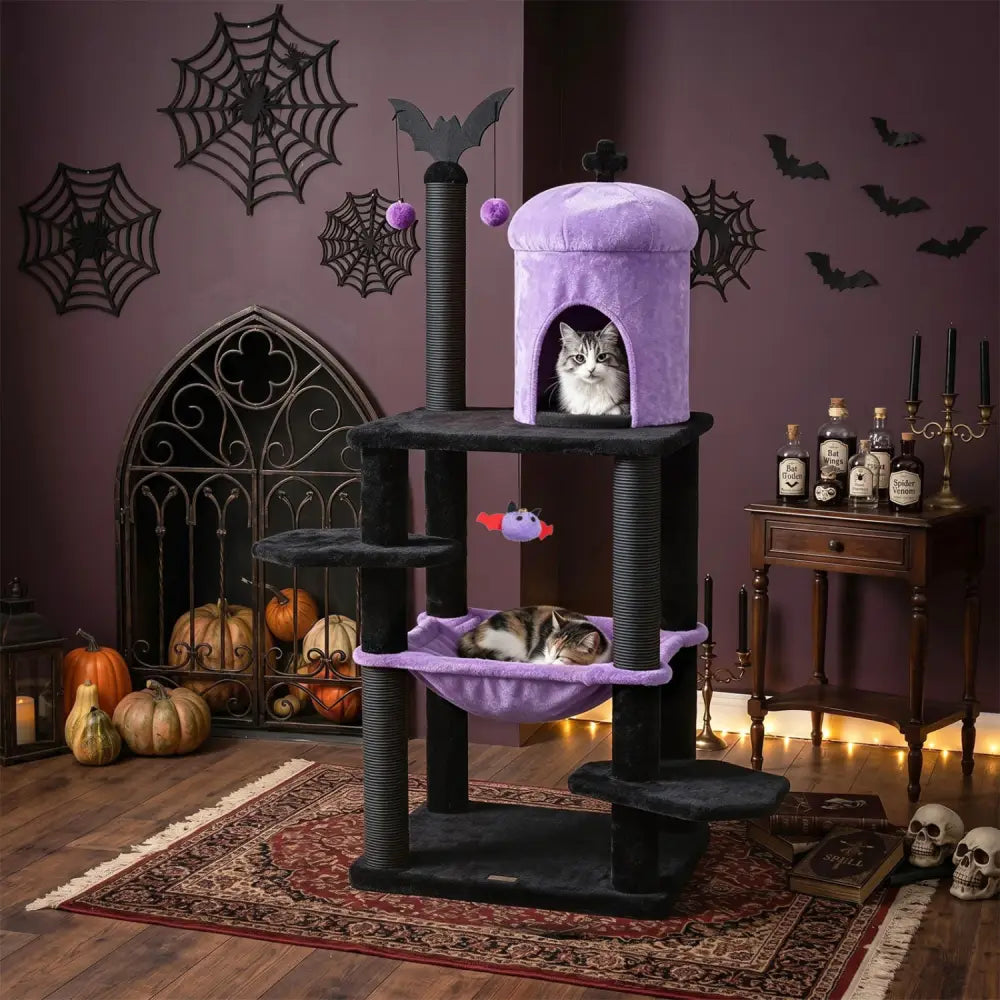 51€ Gothic Multi-level Cat Tree with Spider Hanging Toy for Black Halloween-Purple - Purple - Cat Trees Condos &