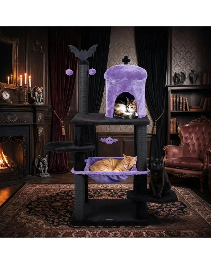 51€ Gothic Multi-level Cat Tree with Spider Hanging Toy for Black Halloween-Purple - Purple - Cat Trees Condos &