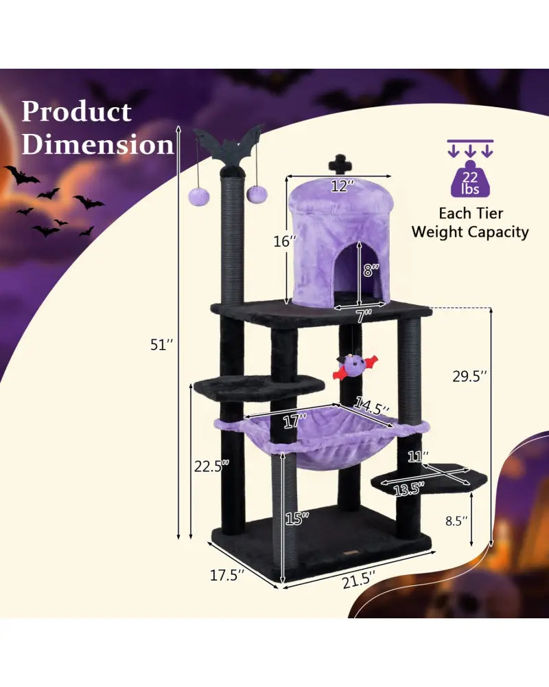 51€ Gothic Multi-level Cat Tree with Spider Hanging Toy for Black Halloween-Purple - Purple - Cat Trees Condos &