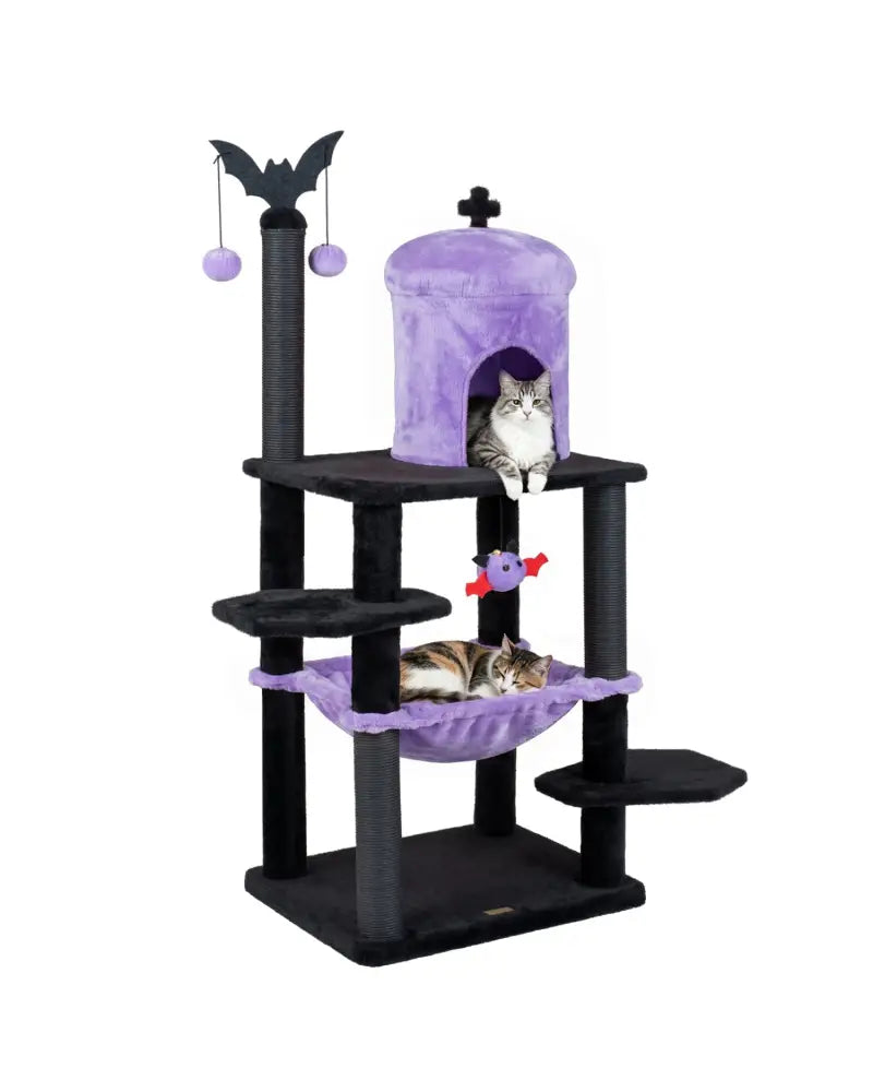 51€ Gothic Multi-level Cat Tree with Spider Hanging Toy for Black Halloween-Purple - Purple - Cat Trees Condos &