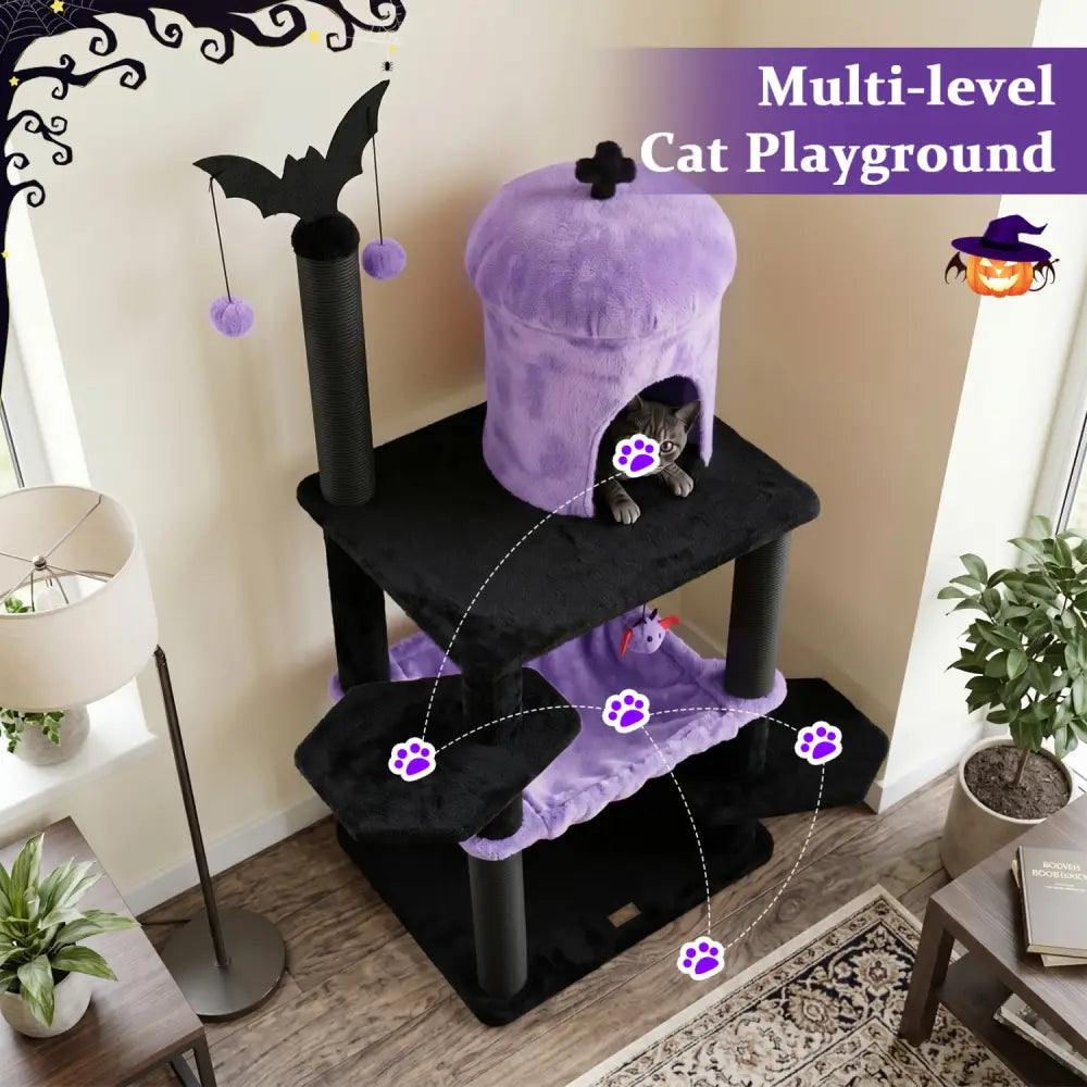 51€ Gothic Multi-level Cat Tree with Spider Hanging Toy for Black Halloween-Purple - Purple - Cat Trees Condos &