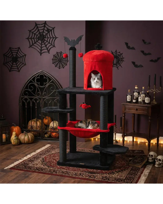 51€ Gothic Multi-level Cat Tree with Spider Hanging Toy for Black Halloween-Red - Red - Cat Trees Condos & Scratchers
