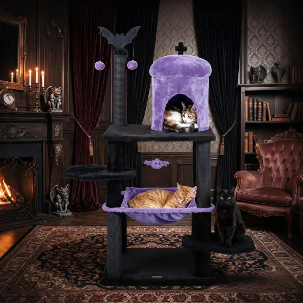 51€ Gothic Multi-level Cat Tree with Spider Hanging Toy for Black Halloween-Purple - Purple - Cat Trees Condos &