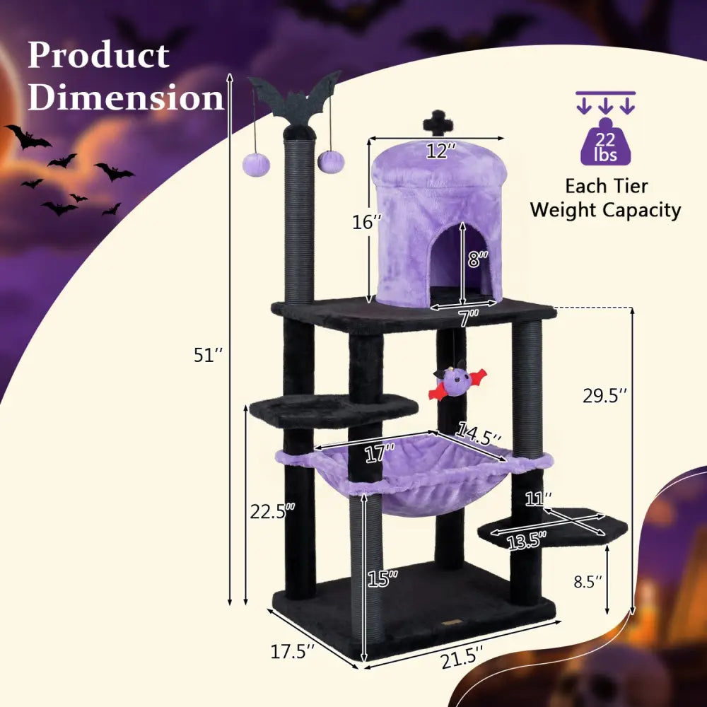 51€ Gothic Multi-level Cat Tree with Spider Hanging Toy for Black Halloween-Purple - Purple - Cat Trees Condos &