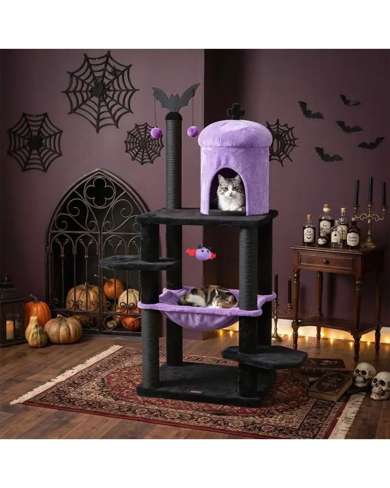 51€ Gothic Multi-level Cat Tree with Spider Hanging Toy for Black Halloween-Purple - Purple - Cat Trees Condos &