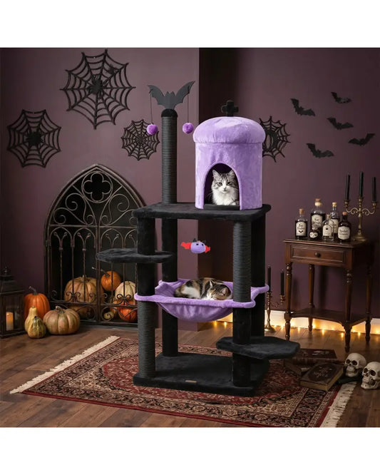 51€ Gothic Multi-level Cat Tree with Spider Hanging Toy for Black Halloween-Purple - Purple - Cat Trees Condos &