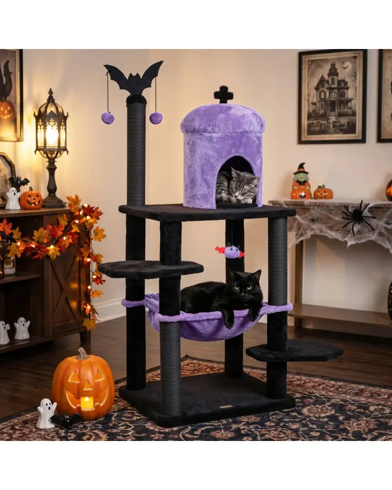 51€ Gothic Multi-level Cat Tree with Spider Hanging Toy for Black Halloween-Purple - Purple - Cat Trees Condos &