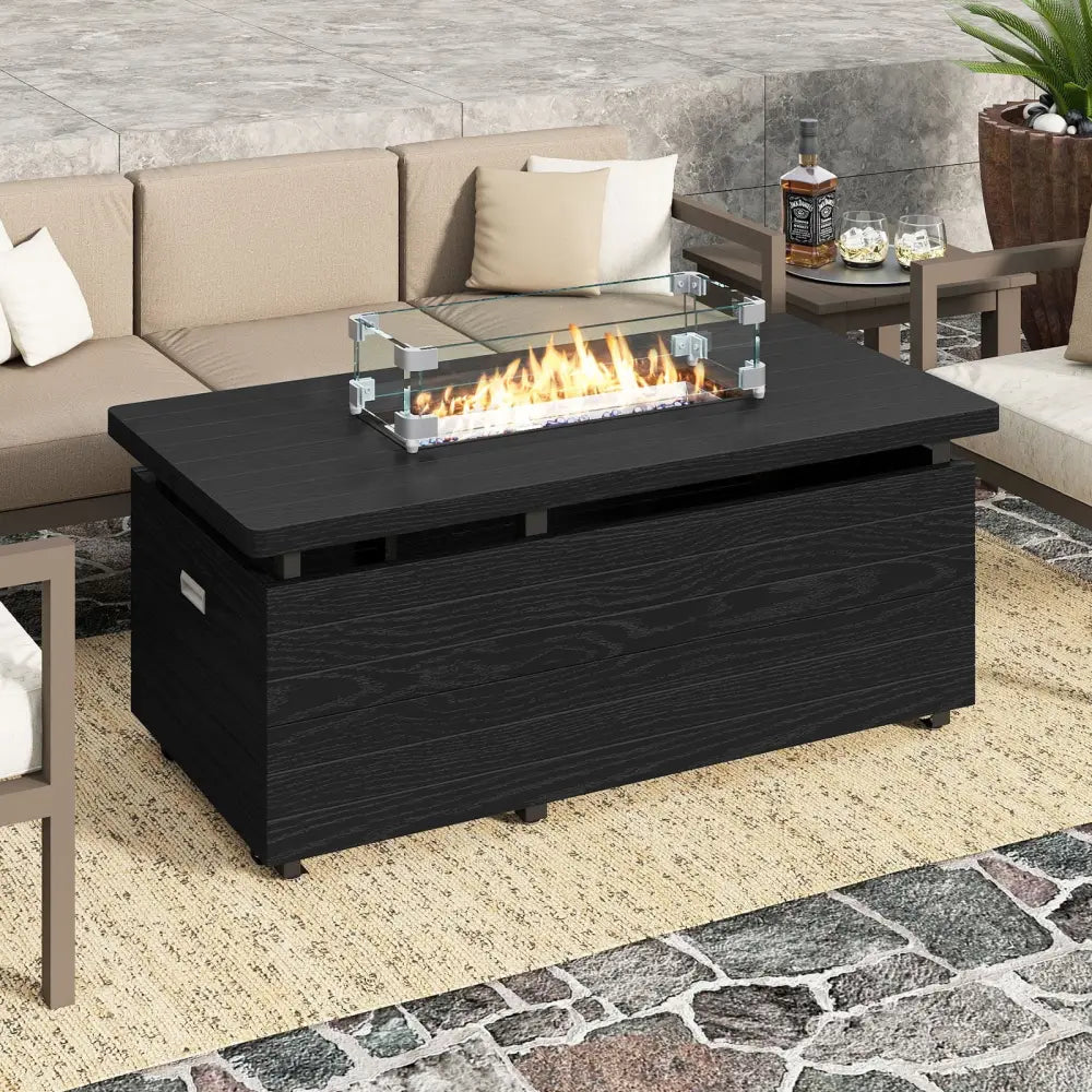 51 Inch Propane Fire Pit Table with Removable Lid-Black - Black - Fire Pit Tables