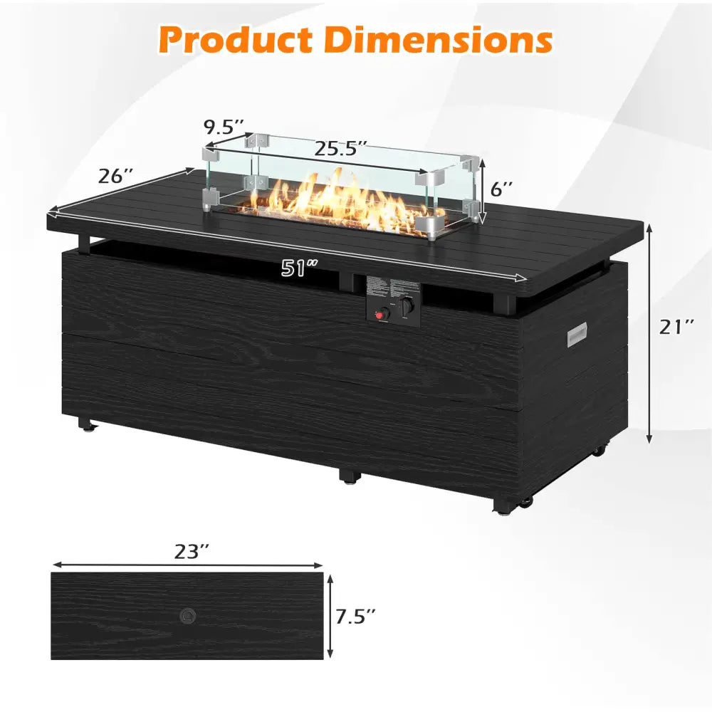 51 Inch Propane Fire Pit Table with Removable Lid-Black - Black - Fire Pit Tables