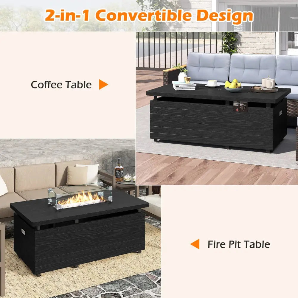 51 Inch Propane Fire Pit Table with Removable Lid-Black - Black - Fire Pit Tables