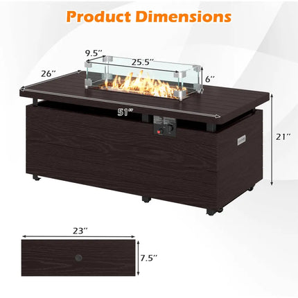 51 Inch Propane Fire Pit Table with Removable Lid-Brown - Brown - Fire Pit Tables