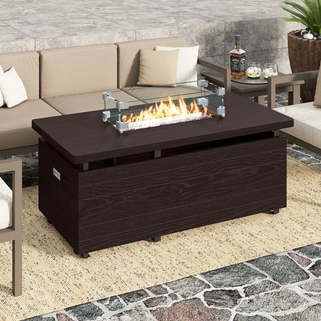 51 Inch Propane Fire Pit Table with Removable Lid-Brown - Brown - Fire Pit Tables