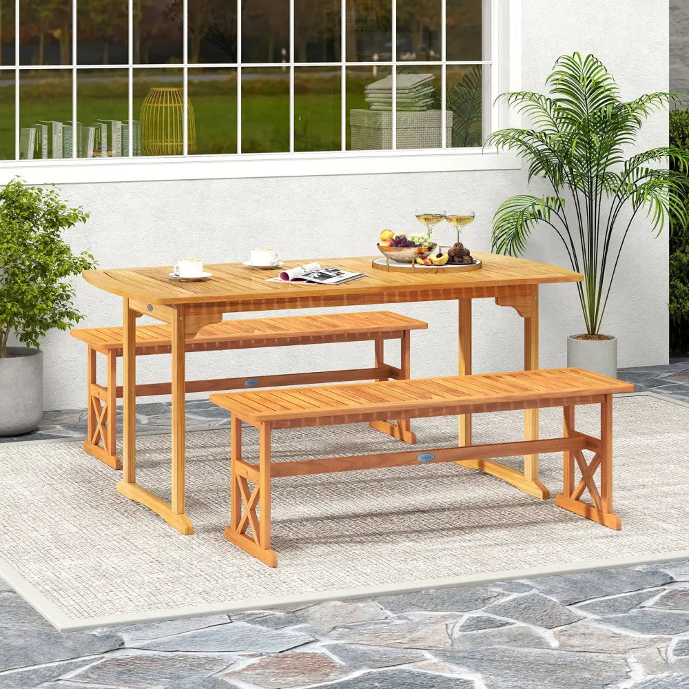 51 Inches Outdoor Acacia Wood Bench with Slatted Seat and 800 lbs Weight Capacity-2 Pieces - Outdoor Benches