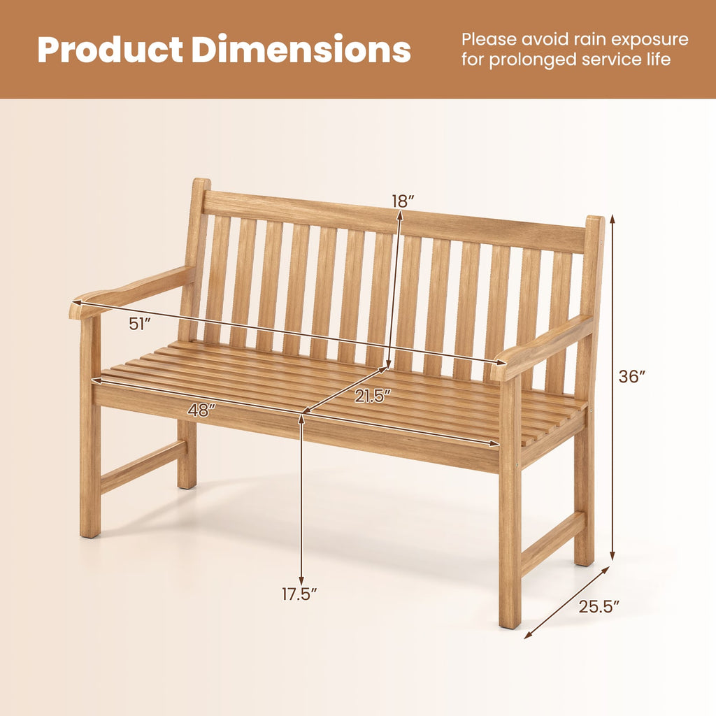 51/62inch Teak Outdoor Porch Bench 3-Seat Solid Wood Garden Patio Bench with Armrests-51 inch