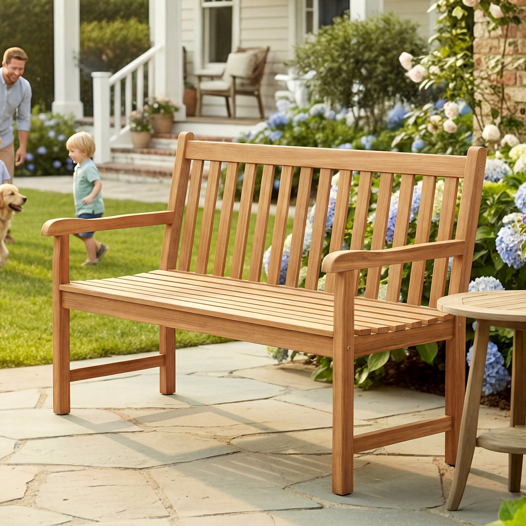 51/62inch Teak Outdoor Porch Bench 3-Seat Solid Wood Garden Patio Bench with Armrests-51 inch