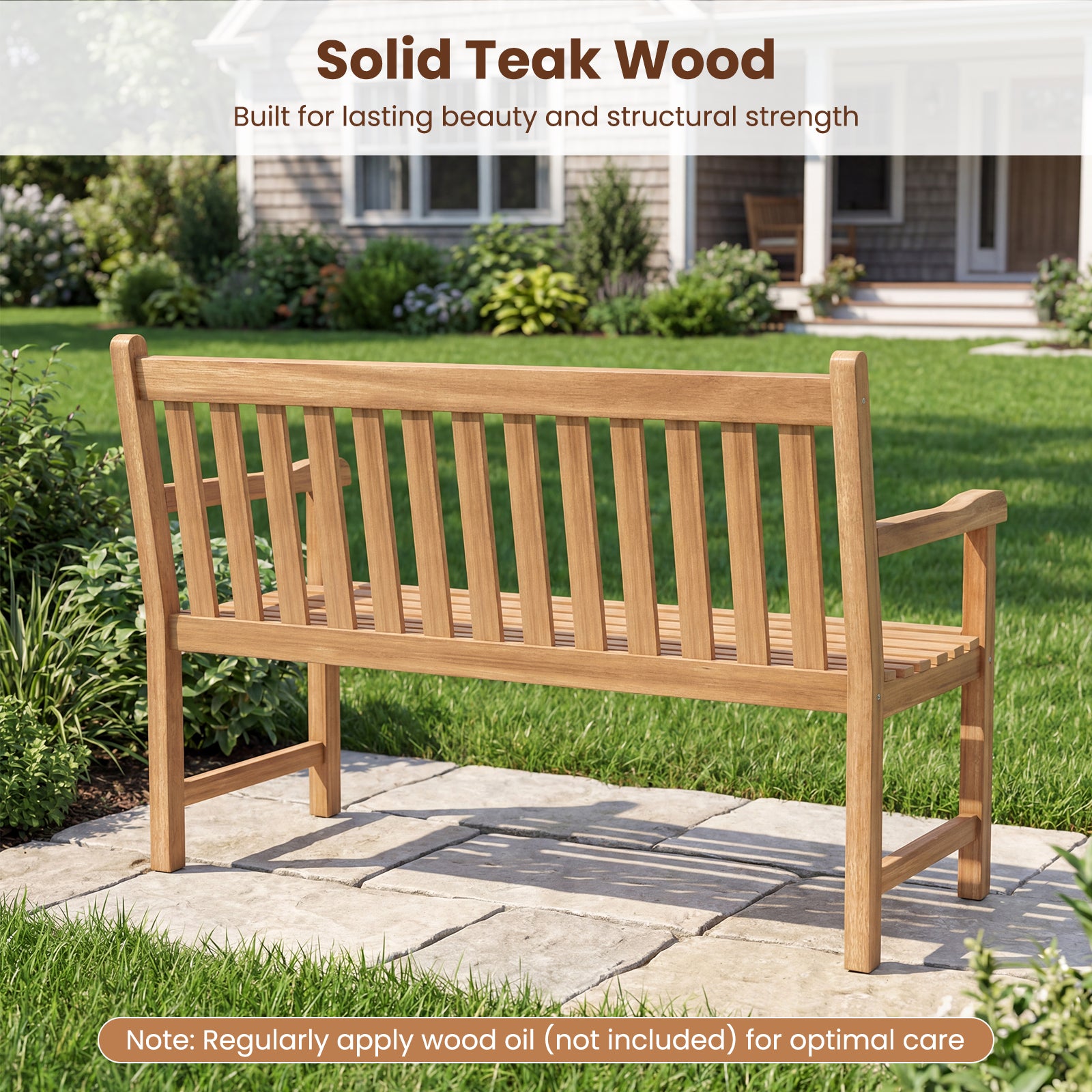 51/62inch Teak Outdoor Porch Bench 3-Seat Solid Wood Garden Patio Bench with Armrests-51 inch