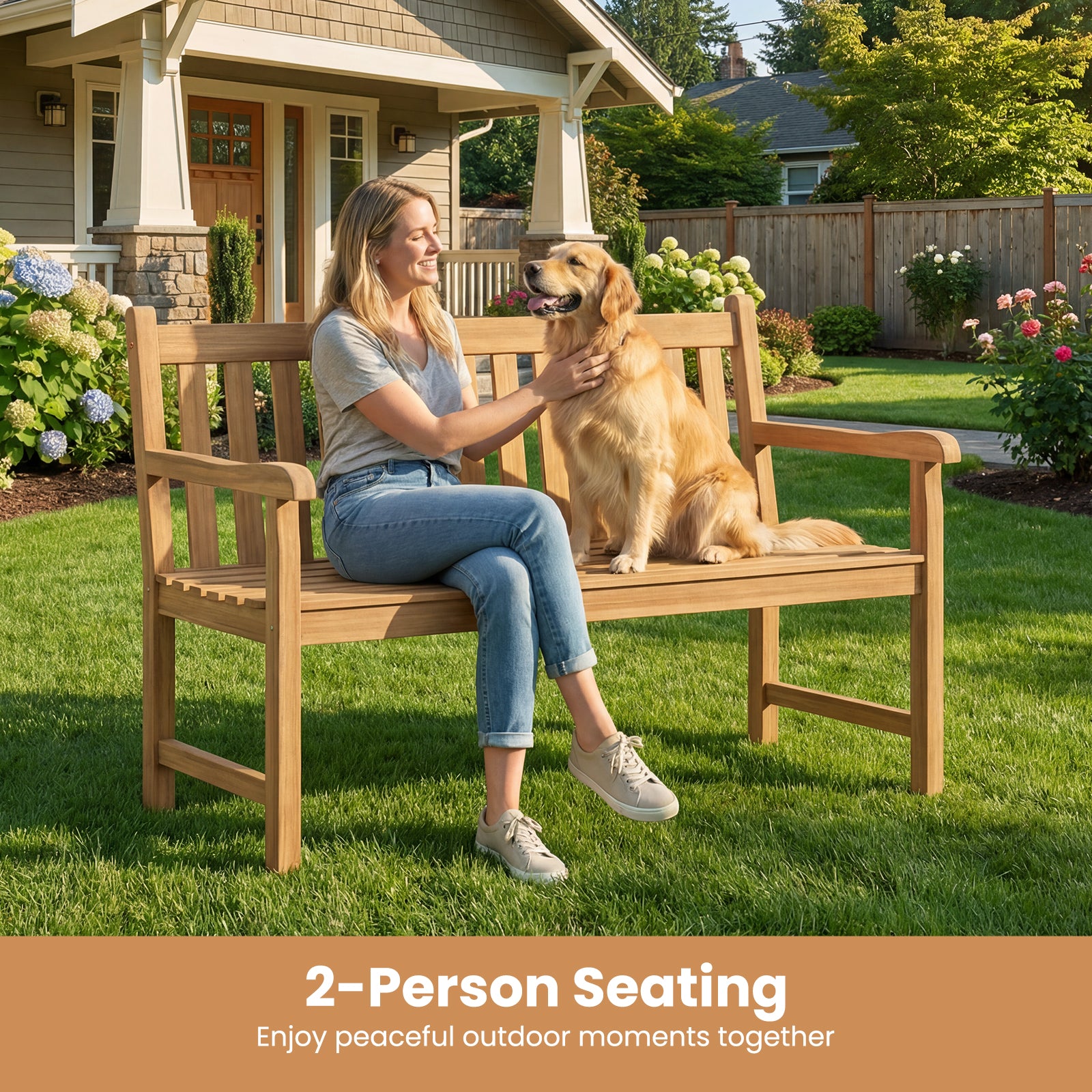 51/62inch Teak Outdoor Porch Bench 3-Seat Solid Wood Garden Patio Bench with Armrests-51 inch