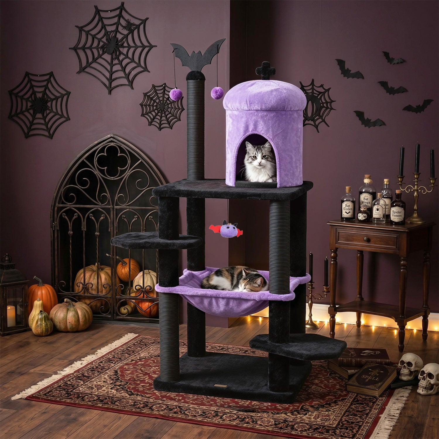 51€ Gothic Multi-level Cat Tree with Spider Hanging Toy for Black Halloween-Purple