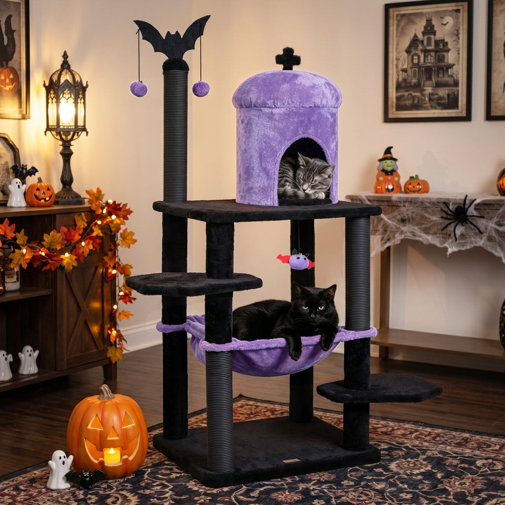 51€ Gothic Multi-level Cat Tree with Spider Hanging Toy for Black Halloween-Purple