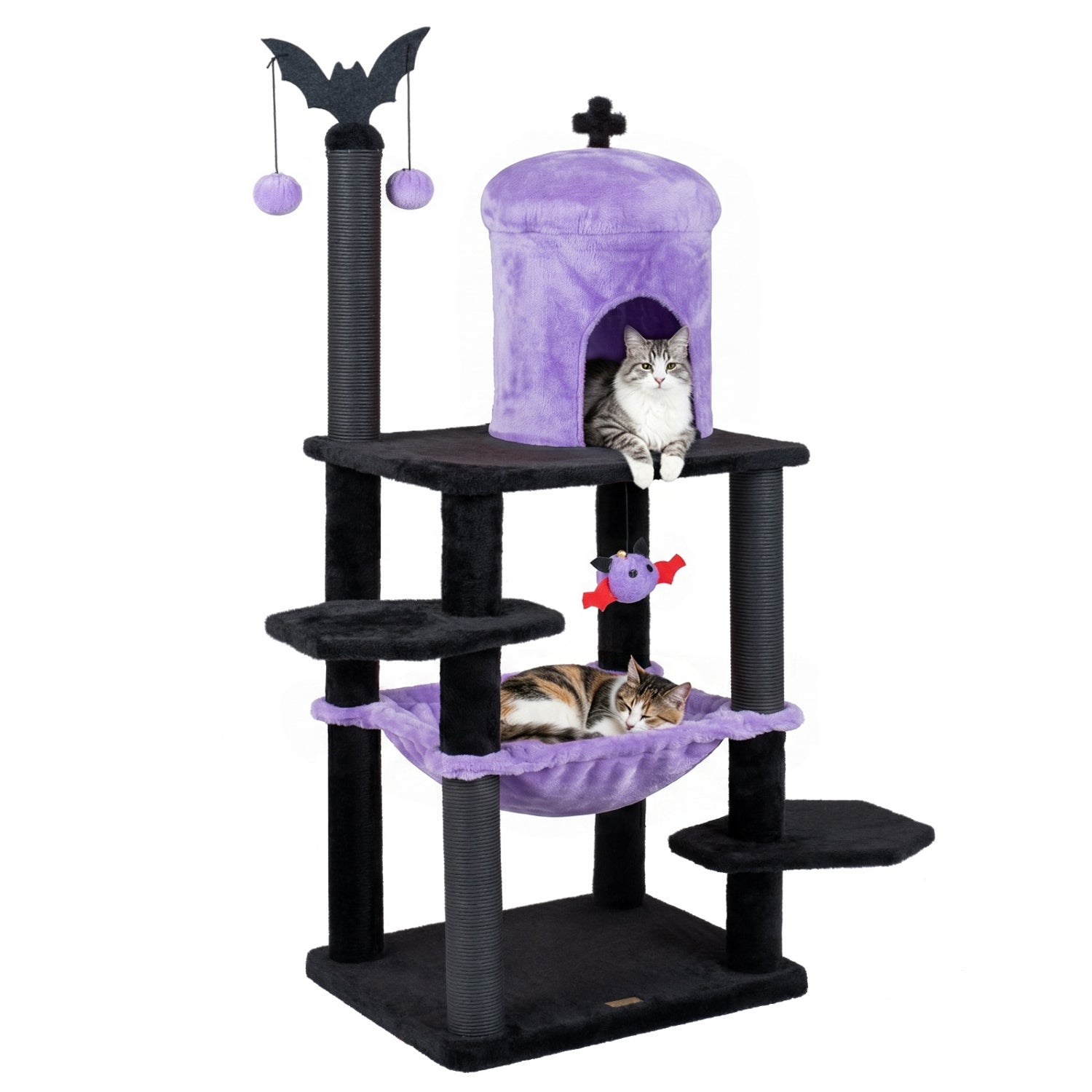51€ Gothic Multi-level Cat Tree with Spider Hanging Toy for Black Halloween-Purple