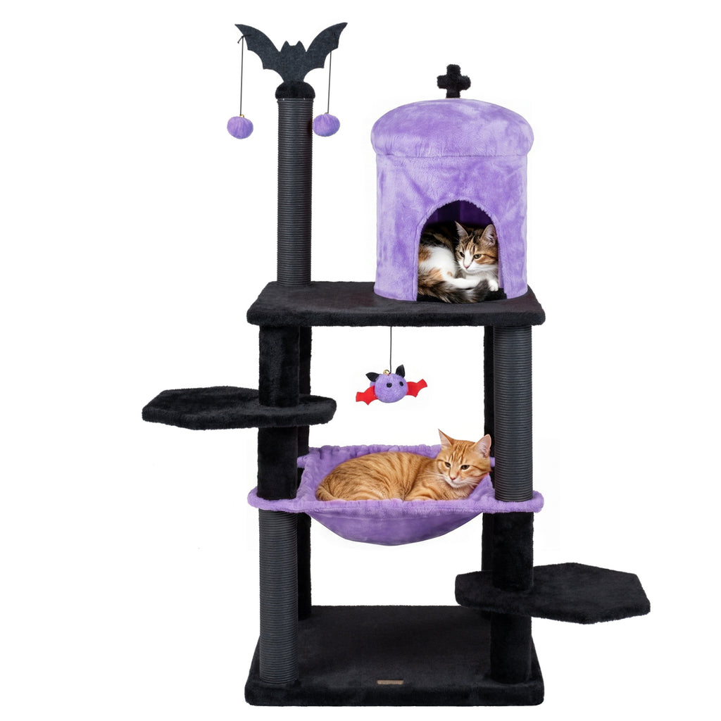 51€ Gothic Multi-level Cat Tree with Spider Hanging Toy for Black Halloween-Purple
