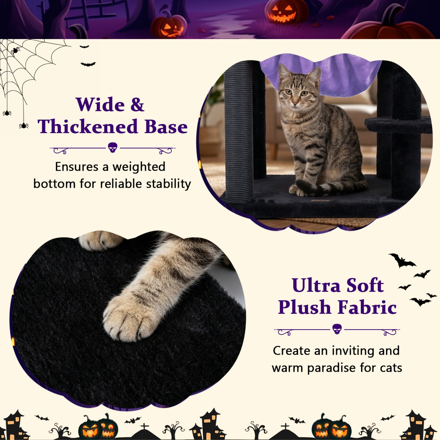 51€ Gothic Multi-level Cat Tree with Spider Hanging Toy for Black Halloween-Purple