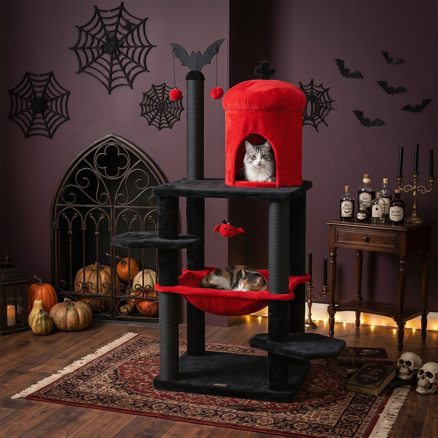 51€ Gothic Multi-level Cat Tree with Spider Hanging Toy for Black Halloween-Red