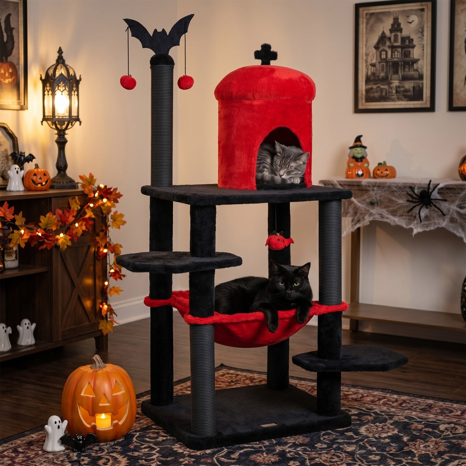 51€ Gothic Multi-level Cat Tree with Spider Hanging Toy for Black Halloween-Red