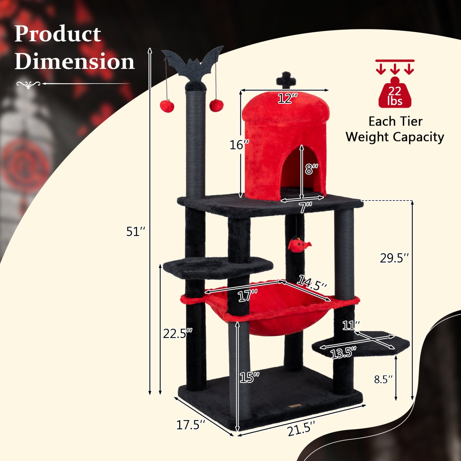 51€ Gothic Multi-level Cat Tree with Spider Hanging Toy for Black Halloween-Red