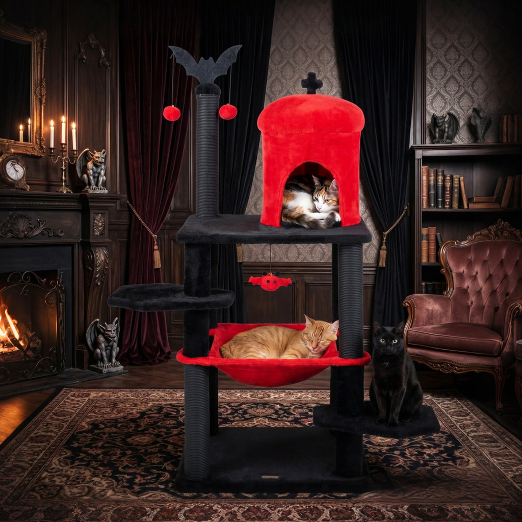 51€ Gothic Multi-level Cat Tree with Spider Hanging Toy for Black Halloween-Red