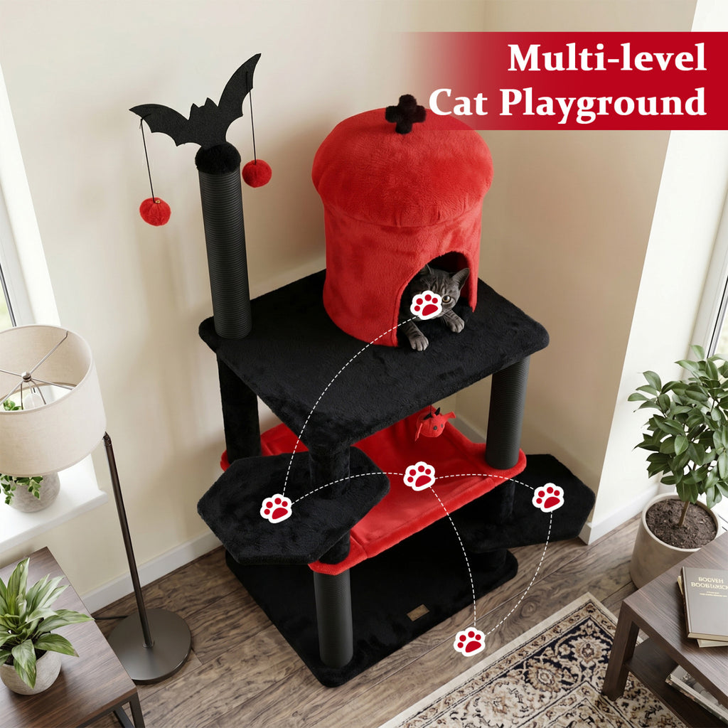 51€ Gothic Multi-level Cat Tree with Spider Hanging Toy for Black Halloween-Red