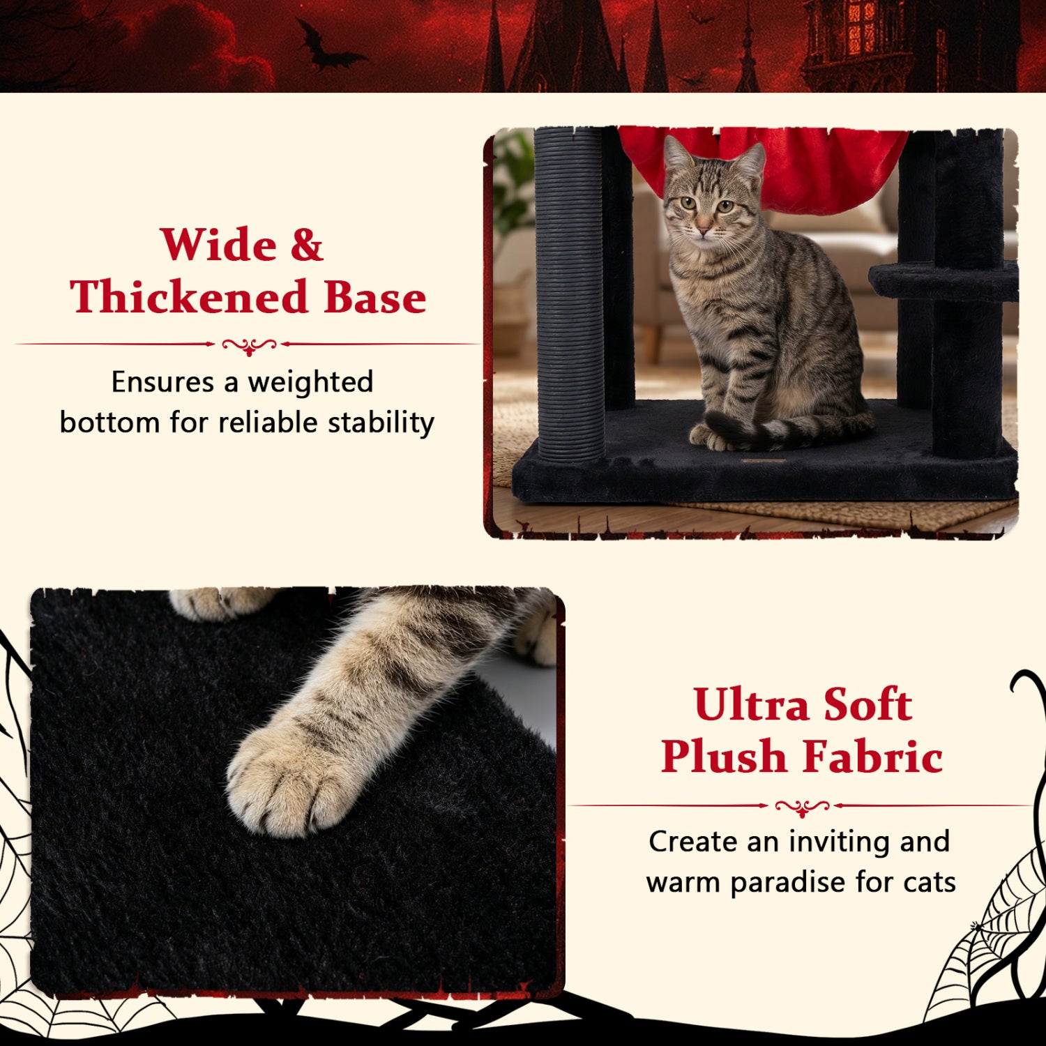 51€ Gothic Multi-level Cat Tree with Spider Hanging Toy for Black Halloween-Red
