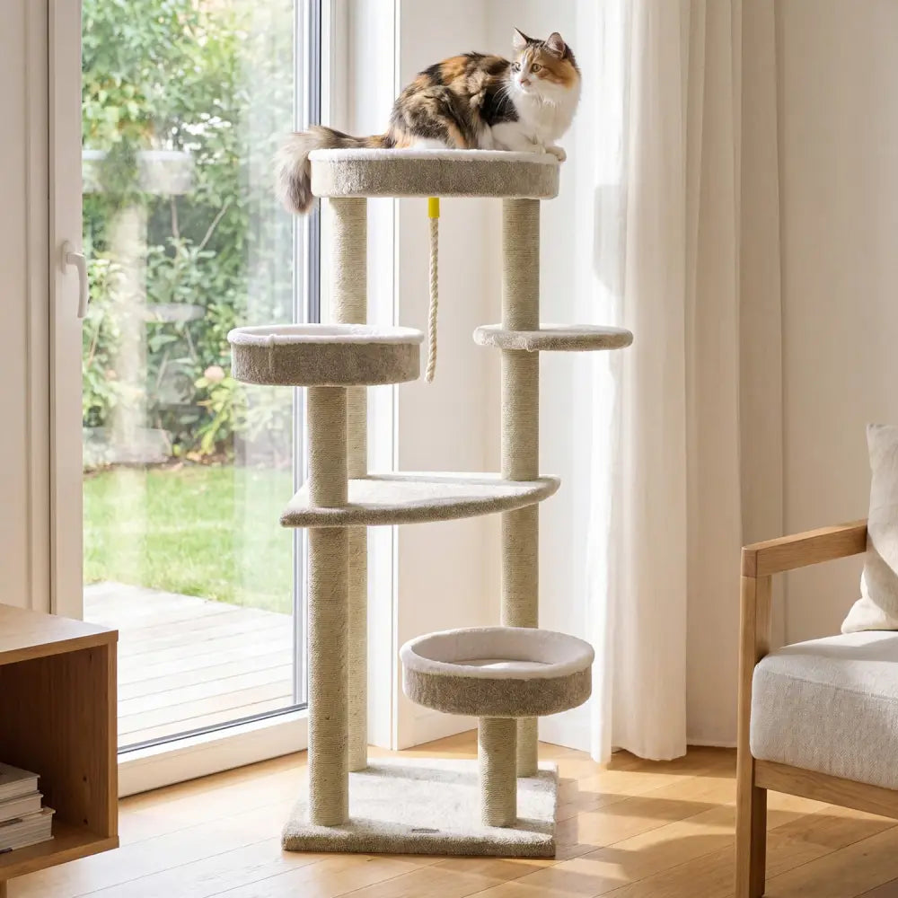 51’’Carpeted Cat Tree with Comfy Plush Perches for Indoor Cats-Beige - Beige - Cat Trees Condos & Scratchers